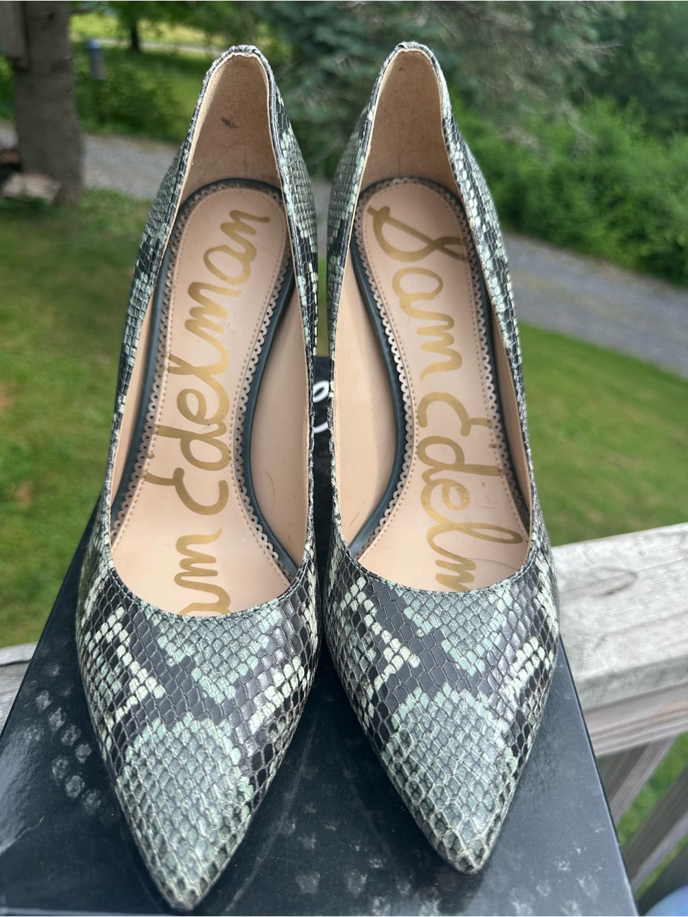 Sam Edelman Snake-Print Pointed-Toe Pumps in Green and Black